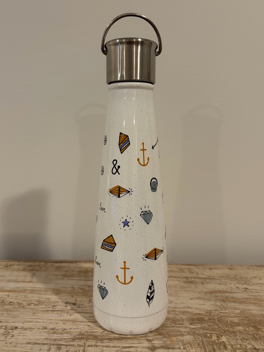 S'well White Speckled Bottle with Gold Anchors & Blue Gems